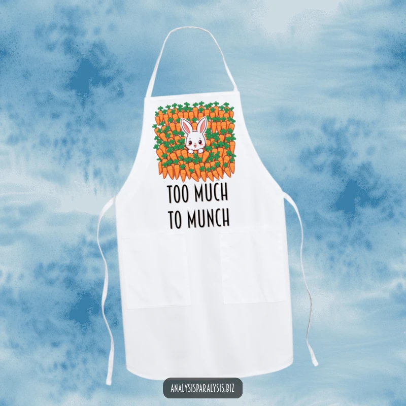 Funny bunny apron depicting a small rabbit overwhelmed by a mountain of identical carrots.
