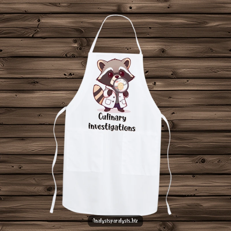 Funny apron with a playful raccoon in a tiny lab coat, examining a single grain of rice with a magnifying glass, for kitchen use.