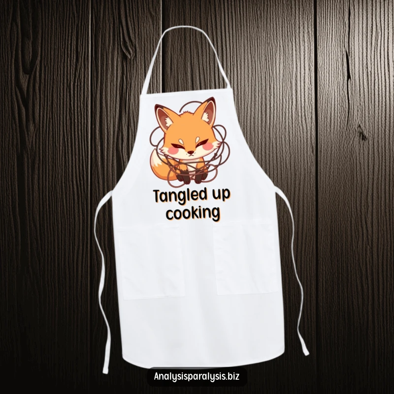 Funny apron with a curious fox with a furrowed brow, surrounded by tangled string, suitable for kitchen adventures.