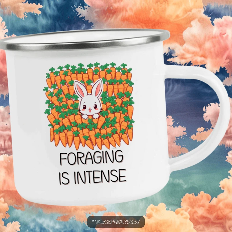 Funny bunny camping mug depicting a small rabbit overwhelmed by a mountain of identical carrots.