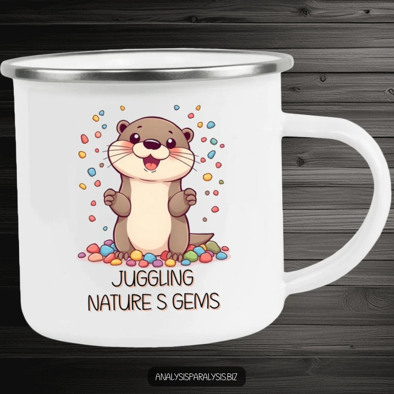 Funny camping mug featuring a cheerful otter juggling numerous tiny, colorful pebbles, durable for outdoor use.