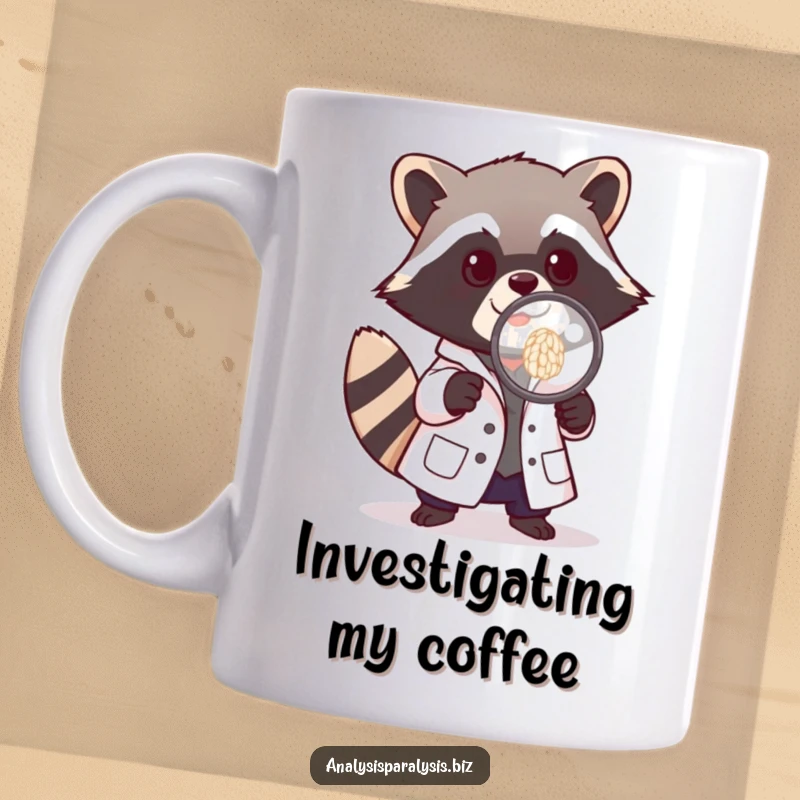 Funny mug featuring a playful raccoon in a tiny lab coat, intently examining a single grain of rice with a magnifying glass.
