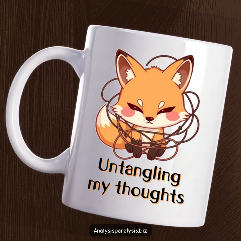 Funny mug featuring a curious fox with a furrowed brow, engrossed in a tangled mess of string, symbolizing confusion.