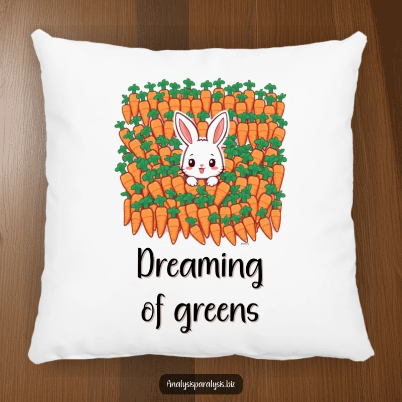 Funny bunny pillow showing a small, overwhelmed rabbit buried under a massive heap of identical carrots.