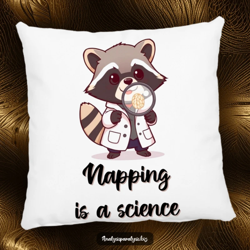 Funny pillow featuring a playful raccoon in a tiny lab coat, intently examining a grain of rice, combining comfort and humor.