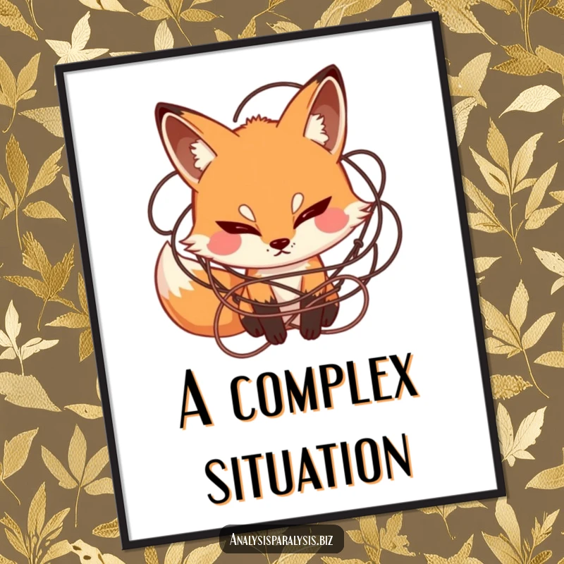 Funny digital art print of a curious fox with a furrowed brow, surrounded by tangled string, ready to download and frame.