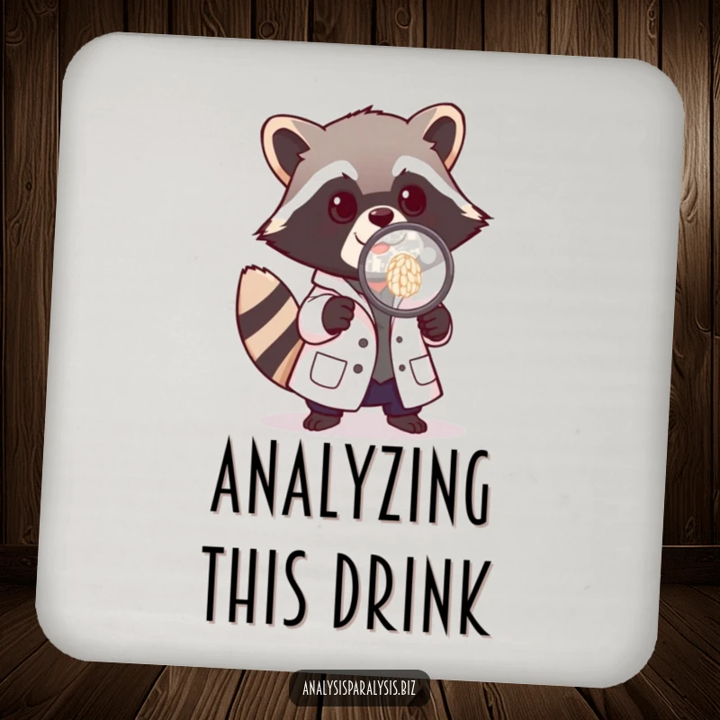 Funny drink coaster with a playful raccoon in a tiny lab coat, examining a grain of rice, protecting surfaces with humor.