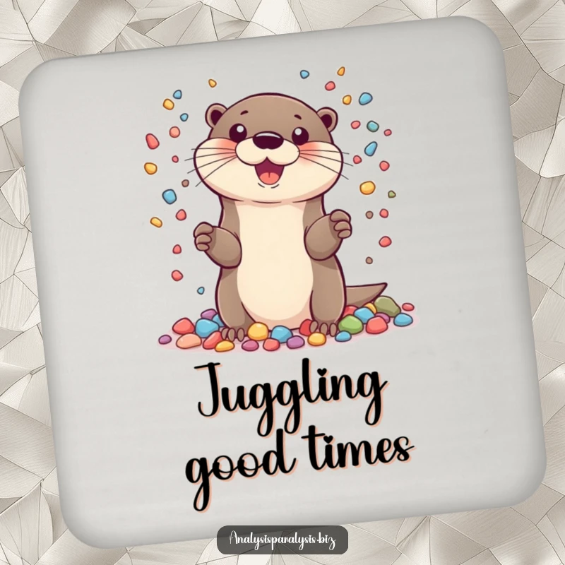 Funny drink coaster with a cheerful otter juggling many tiny, colorful pebbles, protecting surfaces with humor and flair.