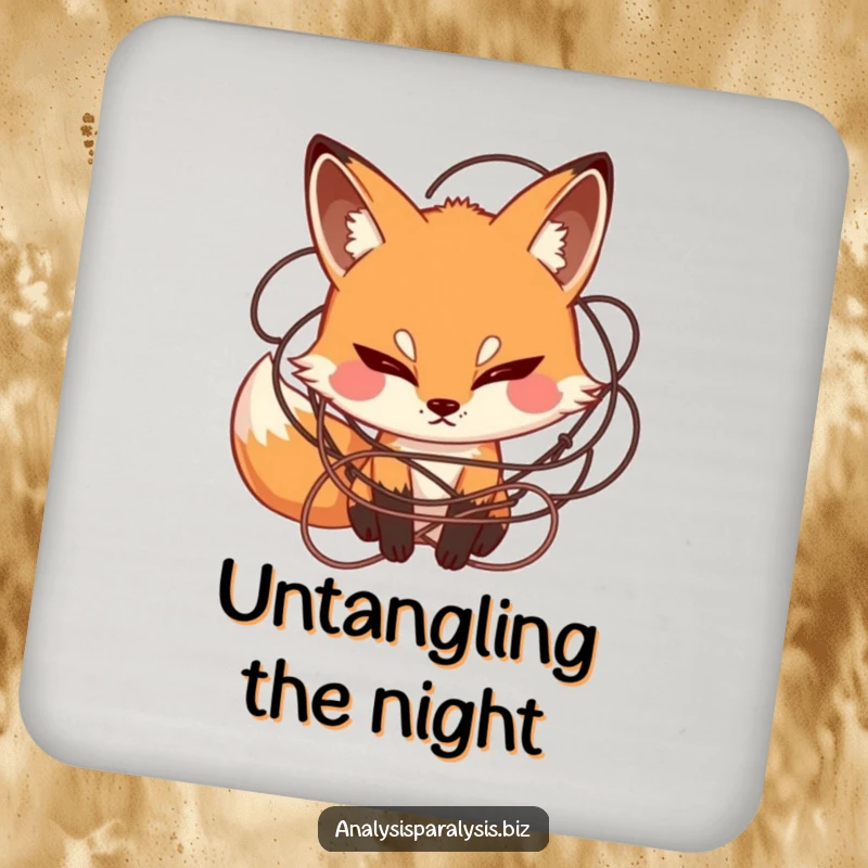 Funny drink coaster with a curious fox with a furrowed brow surrounded by tangled string, protecting surfaces with humor.