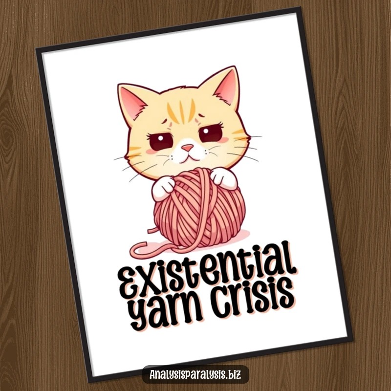Funny cat poster featuring a profoundly confused cat giving a blank stare to a massive, tangled ball of yarn.