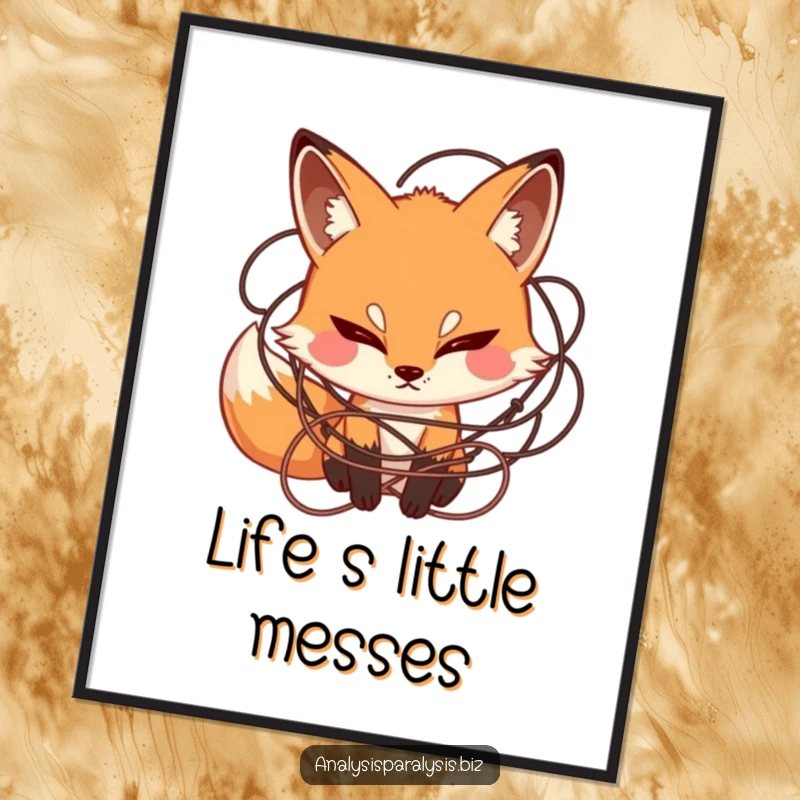Funny poster of a curious fox with a furrowed brow, deeply engrossed in a complex tangle of string, unique wall art.