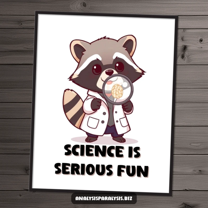 Funny poster of a playful raccoon in a miniature lab coat, using a magnifying glass to closely examine a single grain of rice.