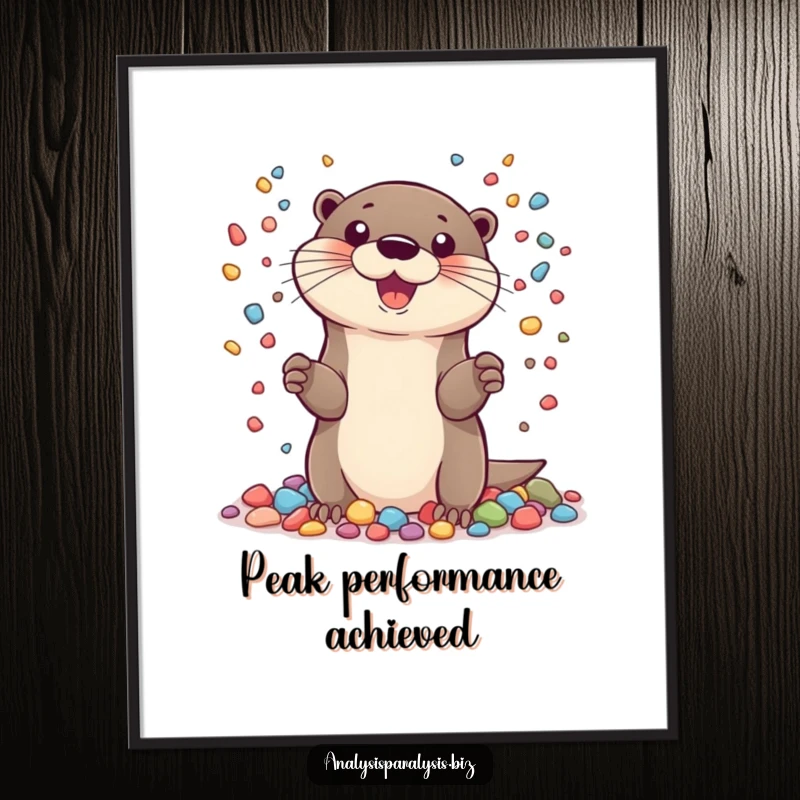 Funny poster of a cheerful otter masterfully juggling numerous tiny, colorful pebbles, adding vibrant energy to any room.