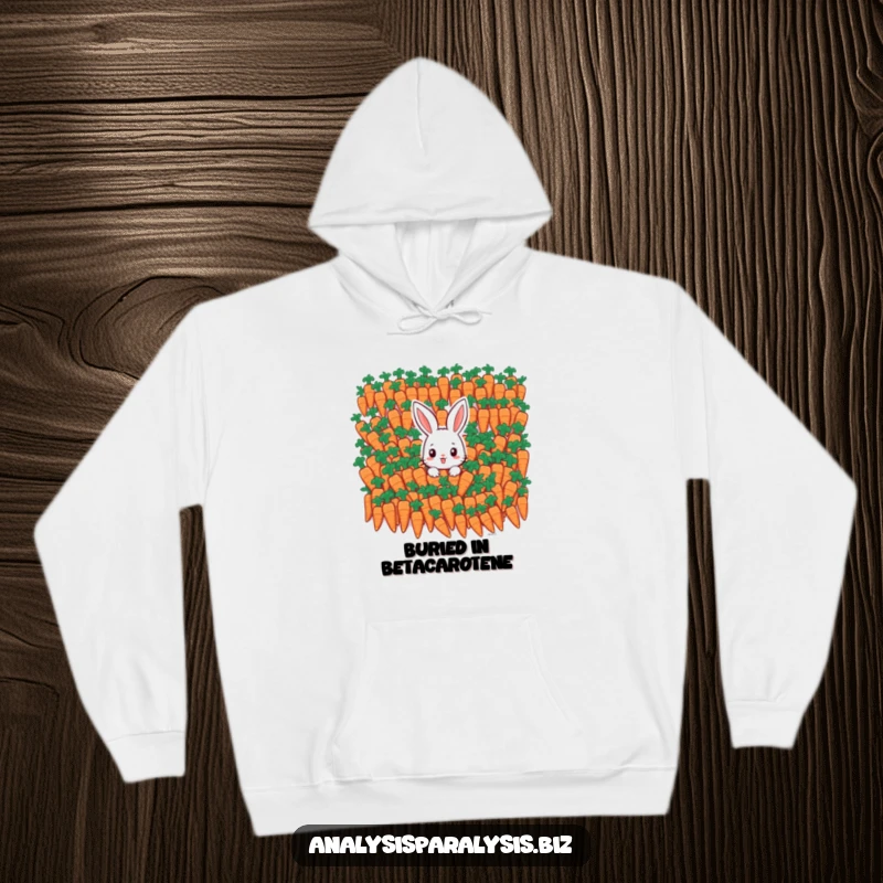 Funny bunny hoodie depicting a tiny rabbit looking stressed, buried beneath a colossal mountain of identical carrots.