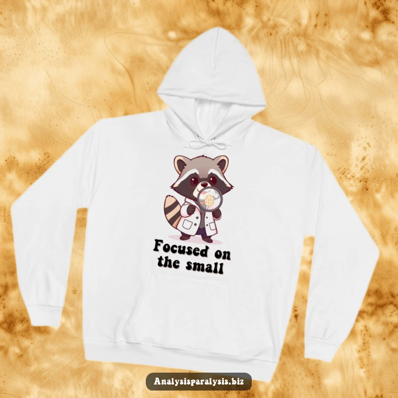 Funny hoodie featuring a playful raccoon in a tiny lab coat, examining a single grain of rice with a magnifying glass.