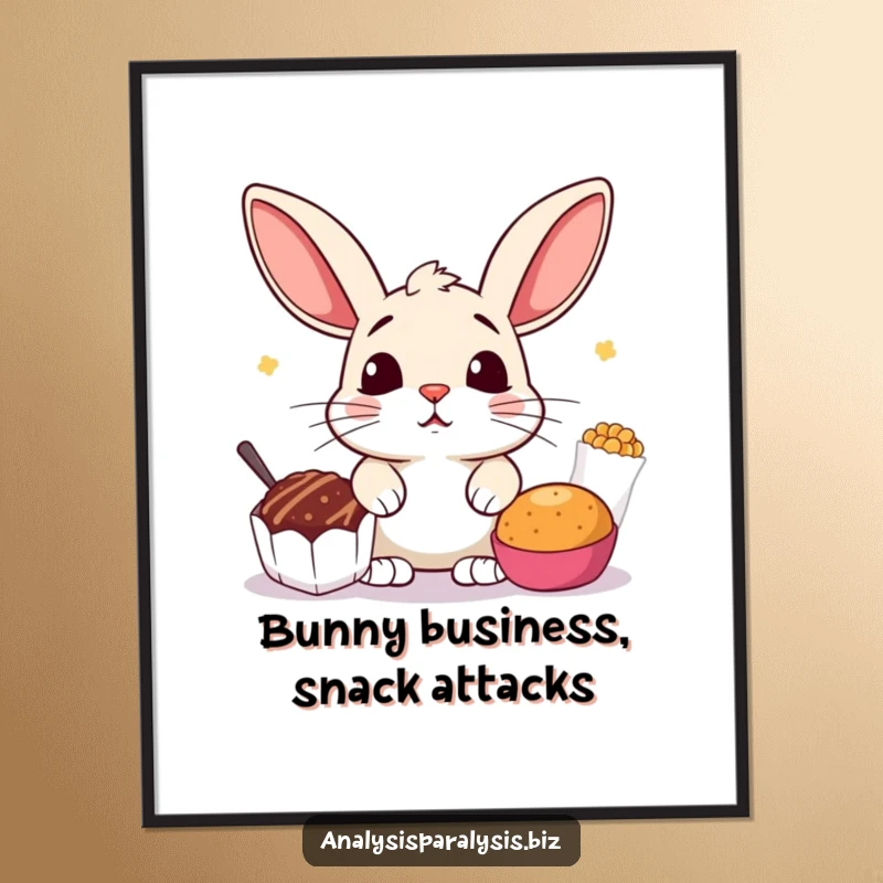 Funny Free Printable Wall Art: A startled bunny with perked ears caught between two equally tempting snacks, cute and funny art.