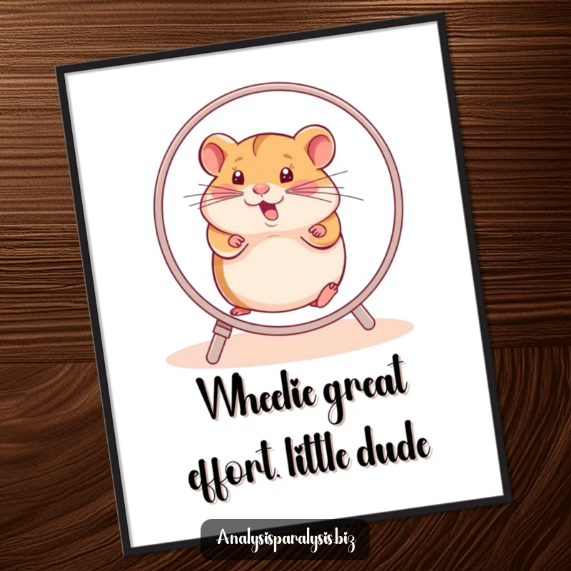 Funny free printable wall art capturing a determined hamster spinning its wheel furiously, symbolizing a relatable struggle.