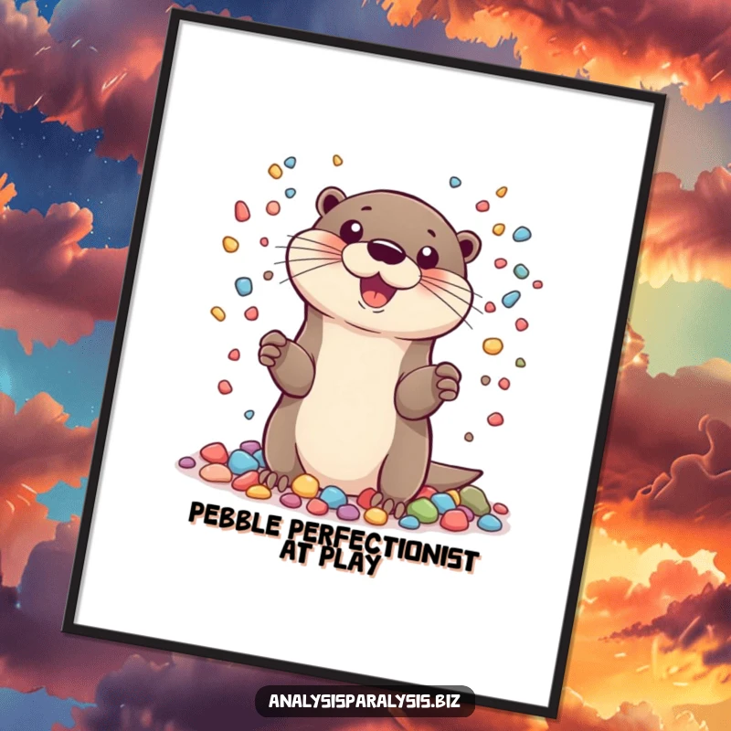 Funny Free Printable Wall Art: A happy otter skillfully juggling a large pile of colorful pebbles, vibrant and whimsical art.