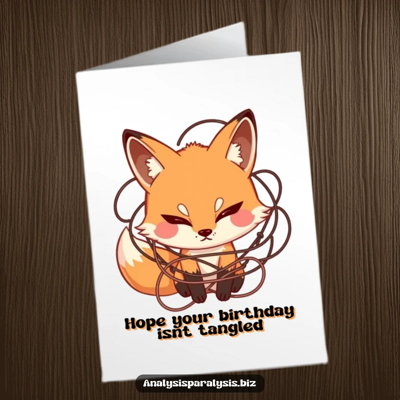 Funny Free Printable Birthday Card: A curious fox with a furrowed brow, hopelessly tangled in string, a humorous birthday wish.