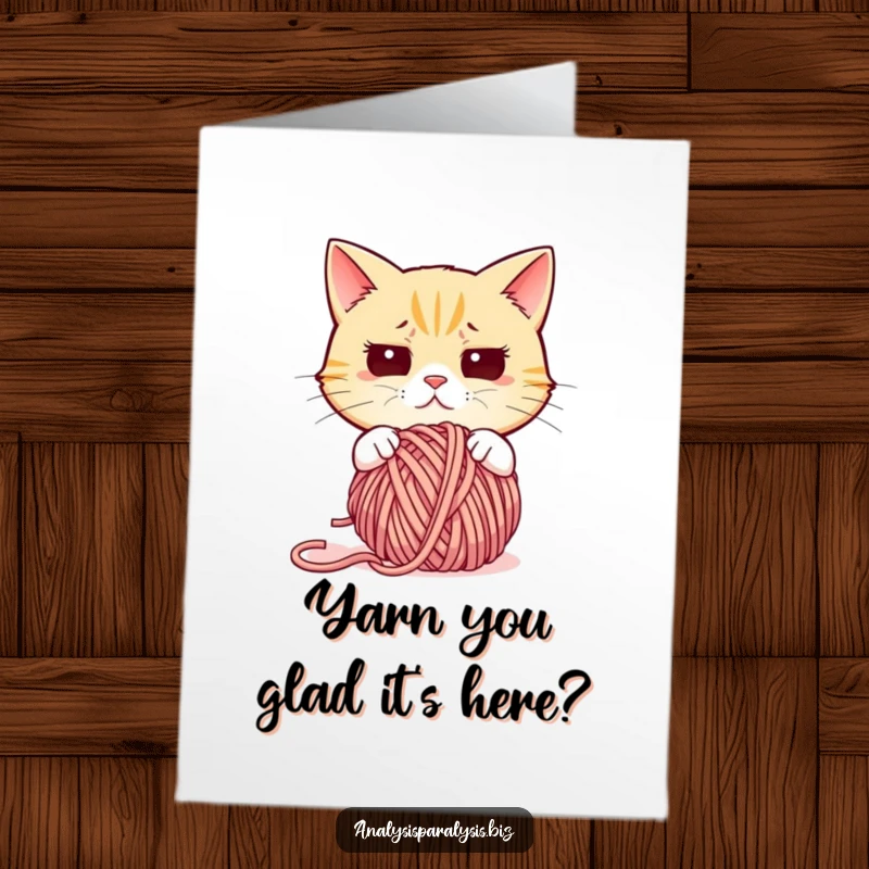 Funny free printable birthday card featuring a confused cat utterly baffled by a massive tangle of yarn.