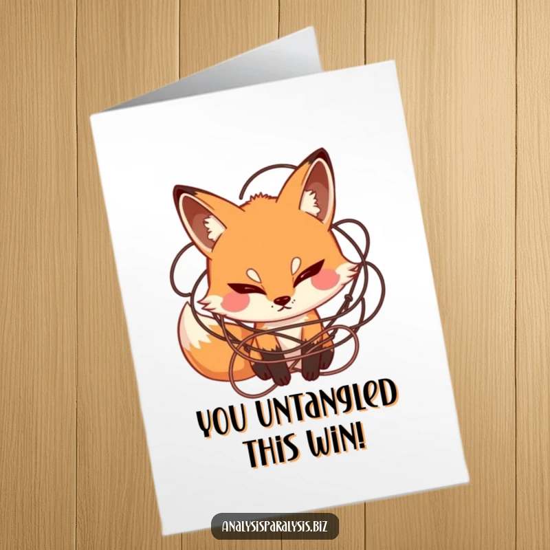 Funny Free Printable Congrats Card: Fox looking confused amidst tangled string, symbolizing overcoming difficulties, congratulations downloadable.