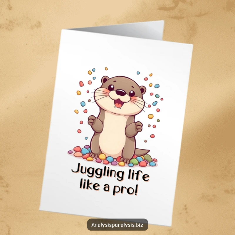 Funny Free Printable Congrats Card: Happy otter juggling colorful pebbles, celebrating success with impressive skill, downloadable.
