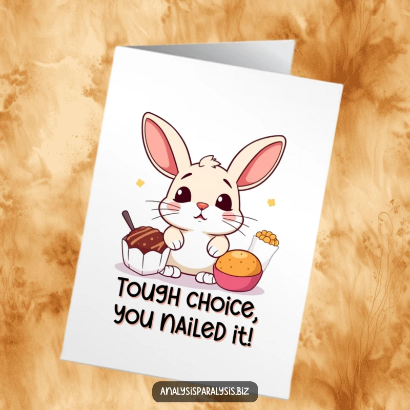 Funny Free Printable Congrats Card: Bunny looking startled between two snacks, symbolizing a tough but successful choice, downloadable.