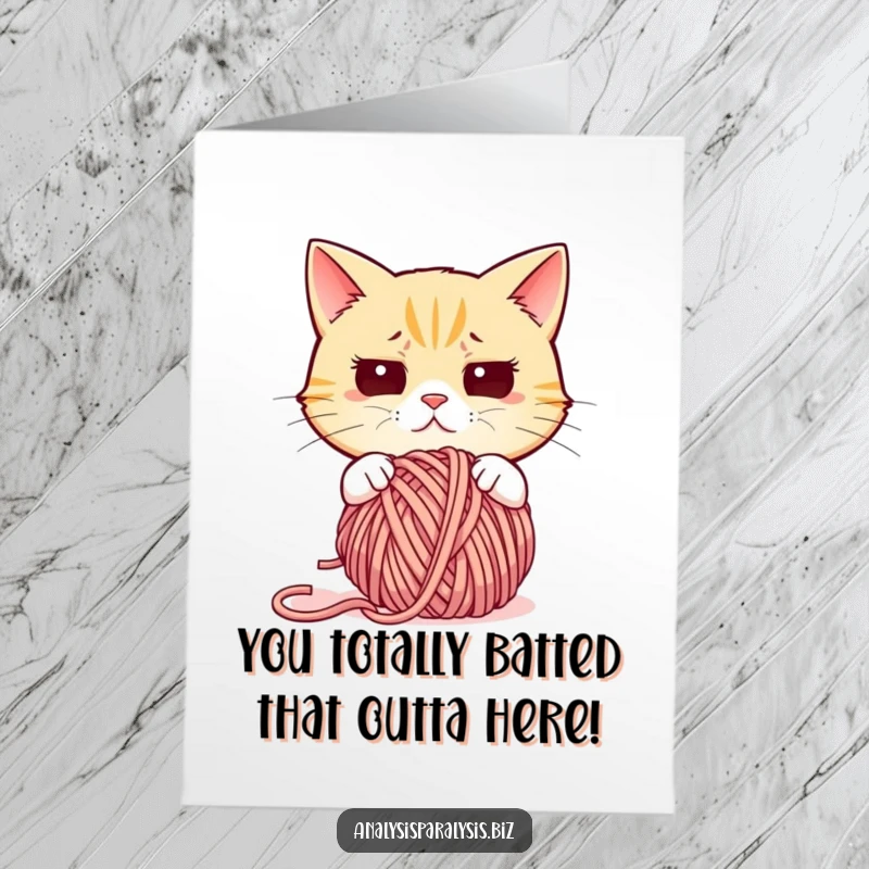 Free printable congratulations card showing a confused cat tangled in yarn, a funny symbol of overwhelming success.