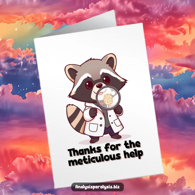 Funny Free Printable Thank You Card: Raccoon in a lab coat intently examining a single grain of rice, a humorous thank you.