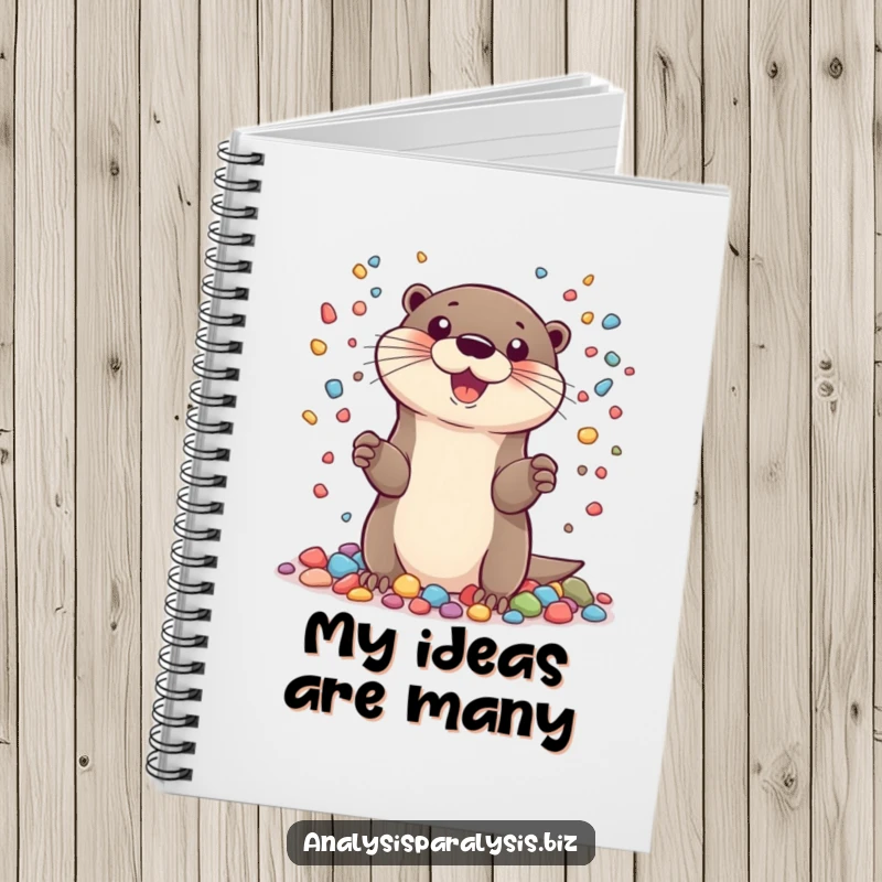 Funny notebook with a cheerful otter juggling many tiny, colorful pebbles, ideal for jotting down notes and ideas.