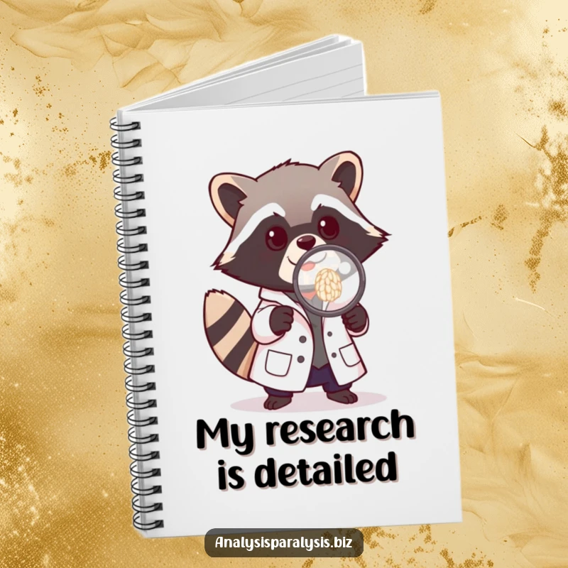 Funny notebook with a playful raccoon in a tiny lab coat, examining a grain of rice, ideal for journaling and scientific notes.