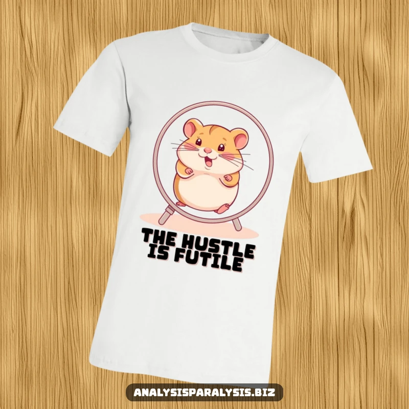 Funny hamster t-shirt depicting a determined hamster vigorously running on its wheel, symbolizing futile effort and lack of movement.