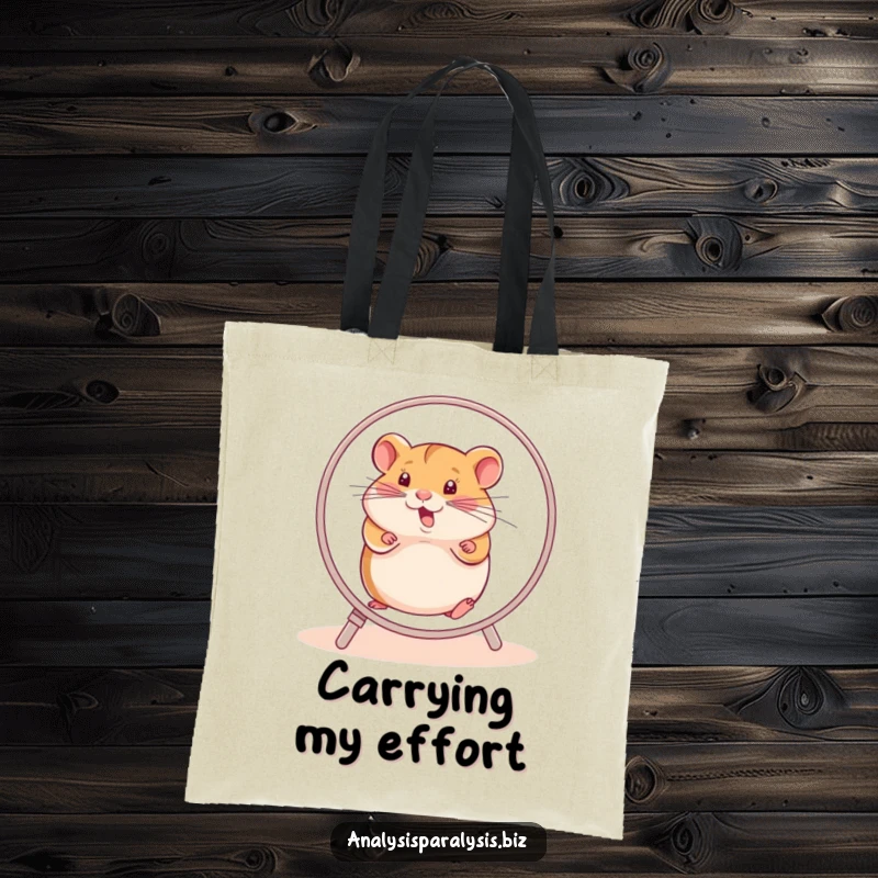 Funny hamster tote bag featuring a determined hamster furiously spinning its wheel, symbolizing a lack of progress.